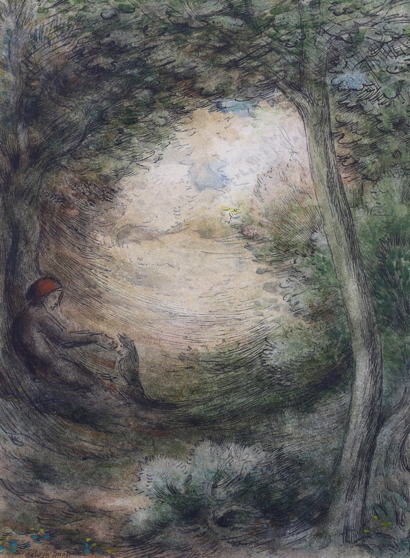 Selwyn Image (1849-1930), ink and watercolour, Woodland landscape with figure and dog, signed, 21 x 17cm